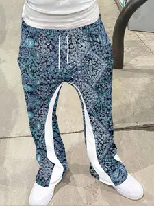 Boho Vintage Bell Bottoms with Paisley Print, Fitted Casual Pants for All Seasons, Geometric Pattern Fashion