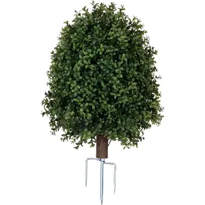 1-Pack Artificial Boxwood Topiary Ball Tree Realistic Touch Dual-Tone UV-Resistant Outdoor Fake Plant with Triangular Stake & Natural Trunk Texture, Faux Topiary Bush Artificial Shrubbery for Garden Porch Decor