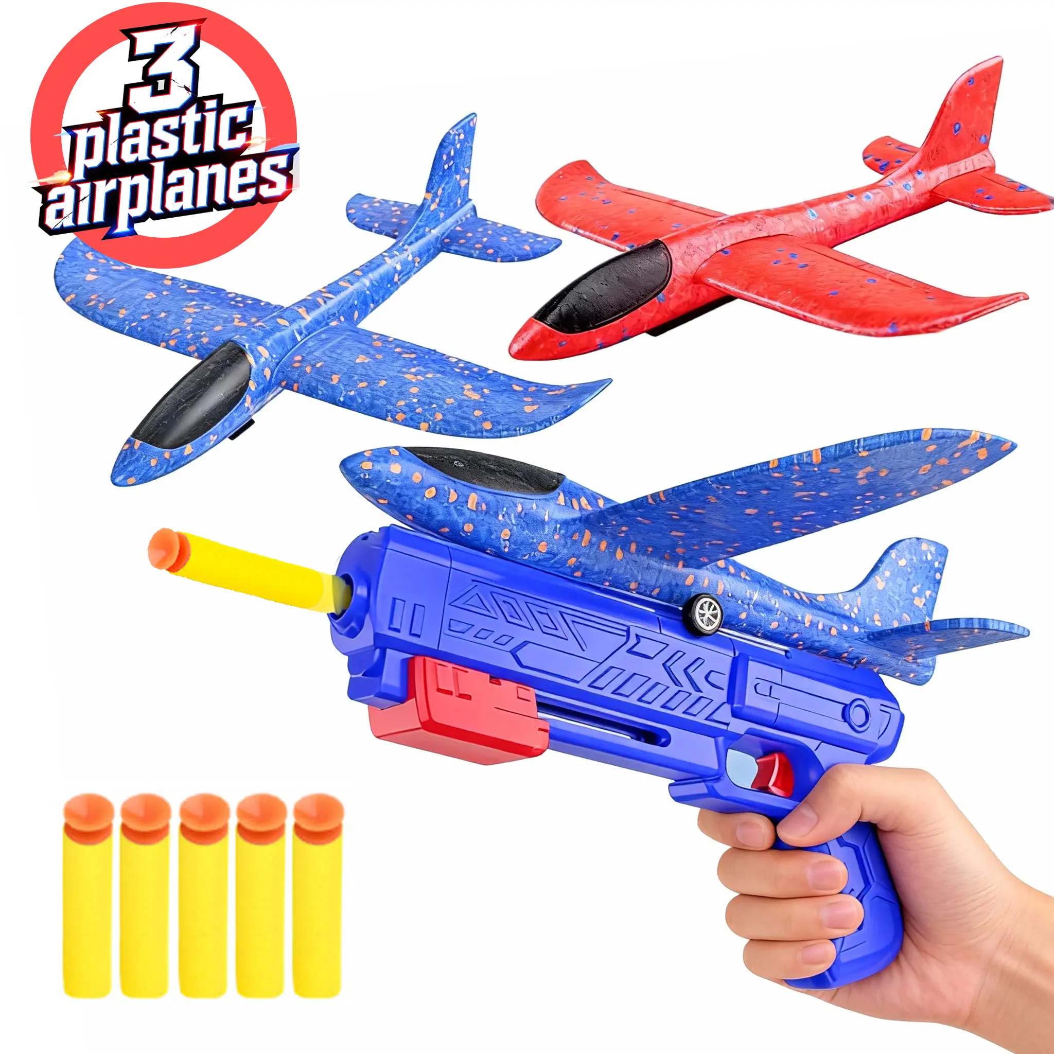 Outdoor sport toy 3 Pack Colorful Durable  Airplane model Launcher Toy for Kids 8.8-inch LED Foam F-15 Eagle Fighter Jet ＆ Glider Catapult Plane for Boys Plane with 3 Flight Modes  Fun Gift Blue Launcher Includes Remote Control Aircraft