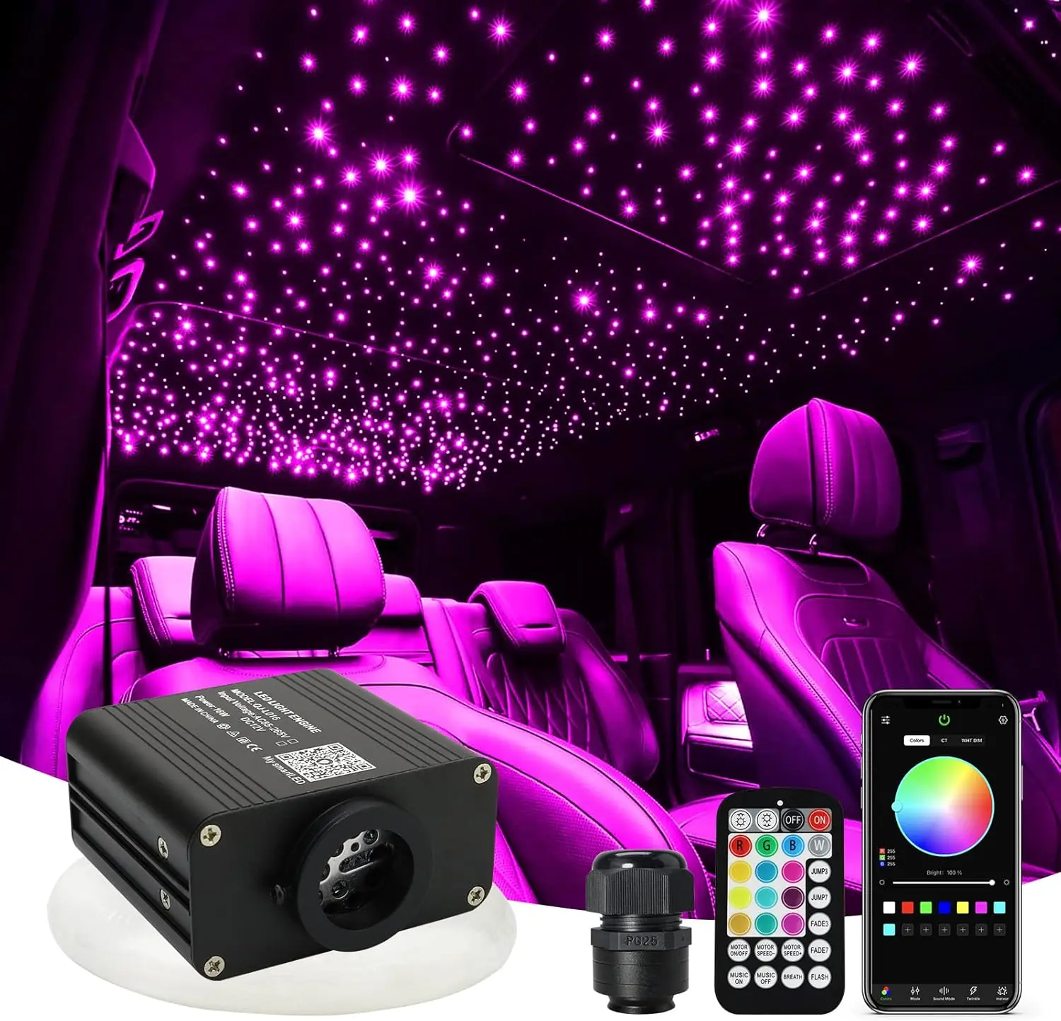 1000pcs Twinkle Starlight Headliner Kit 1000 Piece Star Lights for Car,6.65ft Car Star Lights,APP RGBW Fiber Optic Lights Starlights Headliner Kit for Home Theater