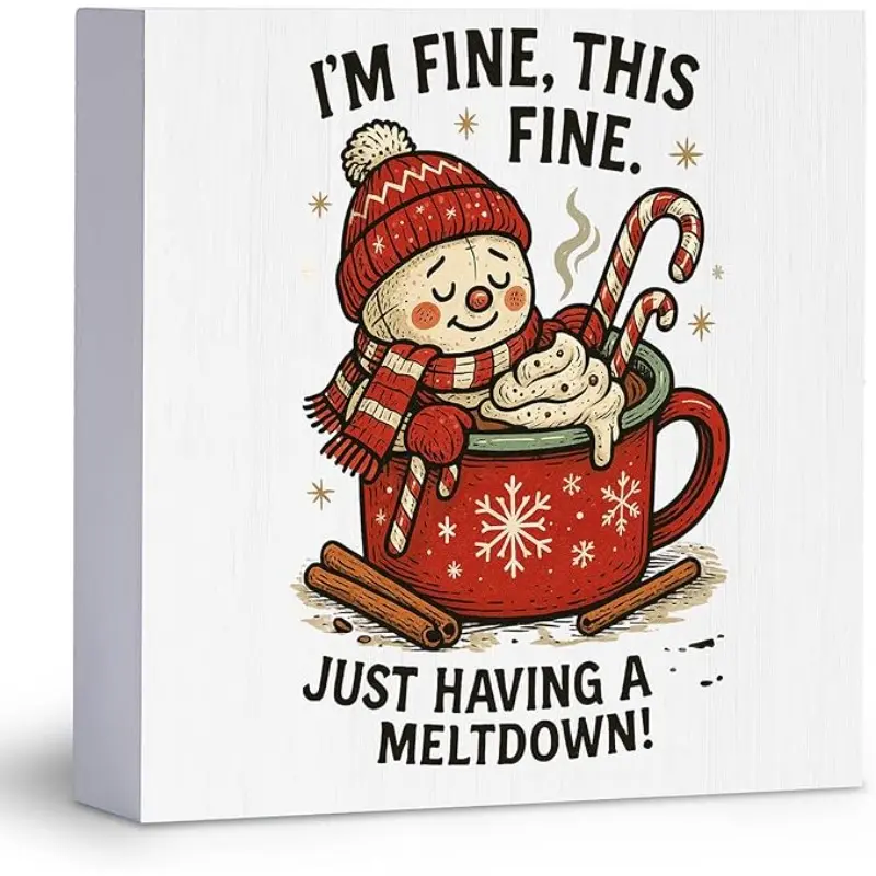 Funny Christmas Wood Sign Box, Snowman I'm Fine This Is Fine Home Decor, Meltdown Hot Cocoa Wooden Block Sign, Winter Holiday Decoration for Office Desk Table Shelf Wall 5x5inch