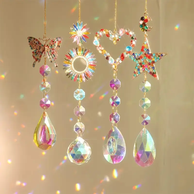 Handmade Crystal Sun Catchers Set, Butterfly Heart Star Tear Drop Prism Pendants, Home Decor Garden Accessories Car Rainbow Light Catcher
