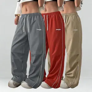 3-Pack - Women’s Lightweight Summer Sports Pants, Thin and Soft, Loose Oversized Fit! Floor-Length Pants, Casual Long Gray Pants with Side Stripes and Gold Accents, Comfortable Design Sporty Casual Bottoms, Gym Wear, Street Dance Pants