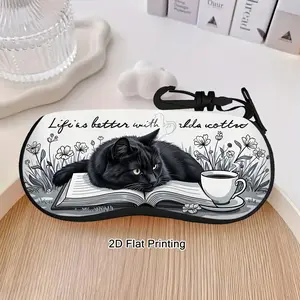 Black Cat & Coffee Book Lover Eyeglass Case, Aesthetic Portable Glasses Pouch with Zipper, Cute Gift for Readers