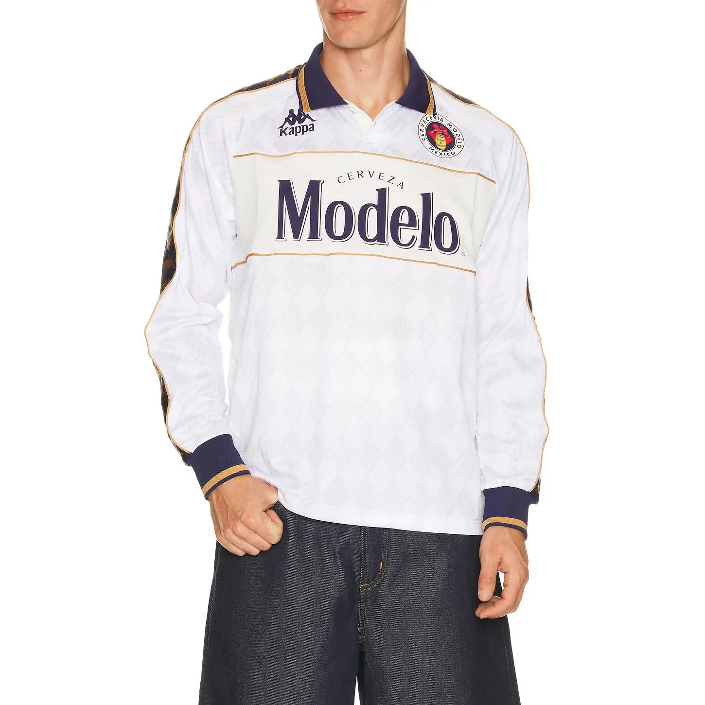 Kappa x Modelo Authentic Fantay Long Sleeve Jersey in White Milk, Blue Evening, & Yellow Gold Rich