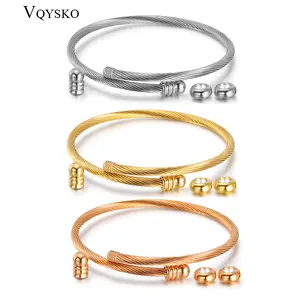 US-LUXURY - Unisex Elastic Cable Wire Bangle Stainless Steel Bracelet Screw with Removable End Plug Twisted Cuff Charm Beads fit DIY Jewelry
