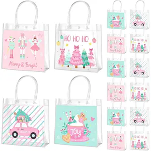 24 count  Christmas  Bags with Handles Clear Xmas Holiday Party Favor Bags Bulk 4 Styles Nutcracker Gingerbread for Holiday Presents Wrapping  Favors Supplies, 8 x 8 x 3.15 Inch