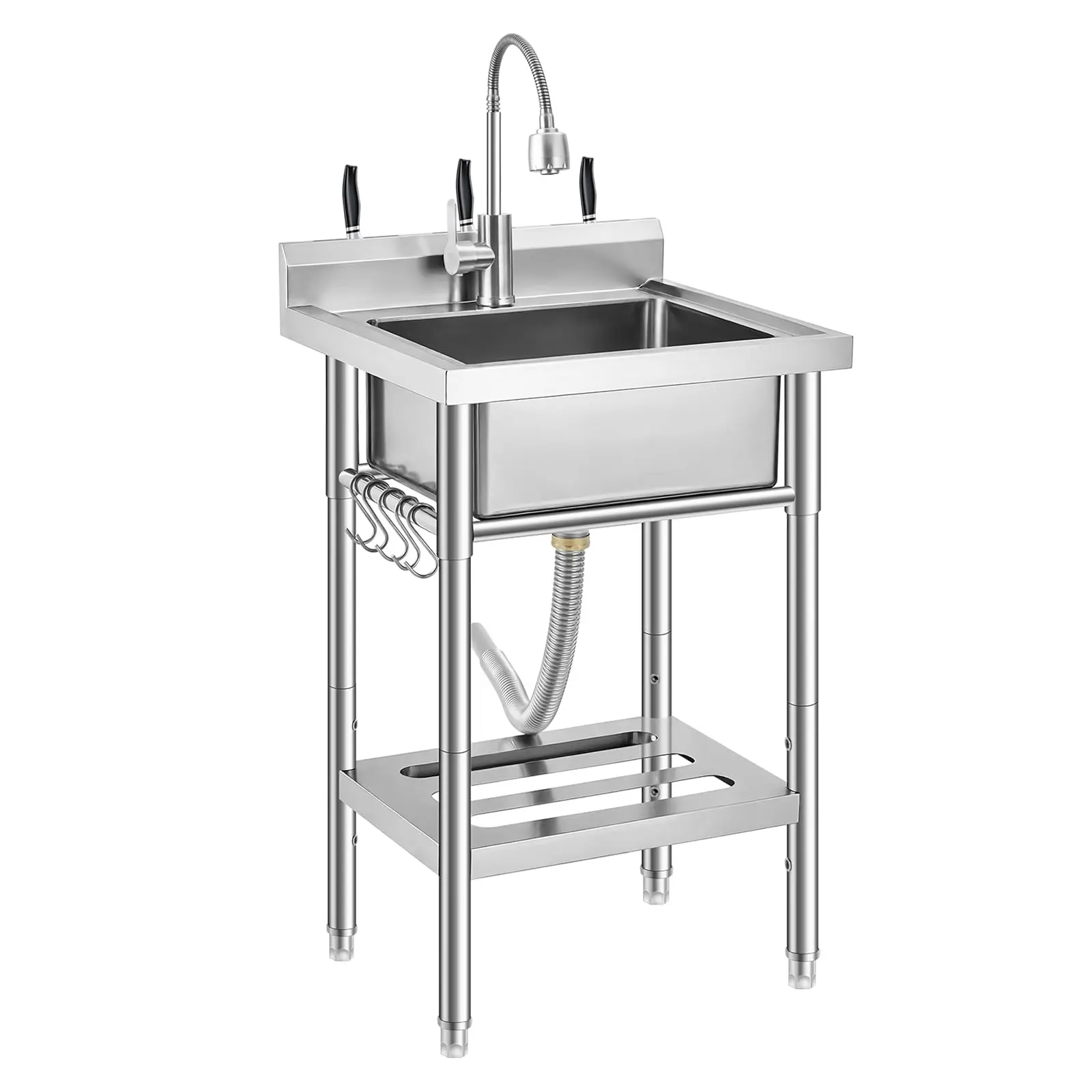 Garvee Freestanding Stainless Steel Utility Sink with Adjustable Legs, Pull-Out Faucet, Hot & Cold Water, Storage Shelf, Hooks, Basket, Backsplash, and Drain Kit for Kitchen, Garage, Outdoor, Laundry, and Farm Use