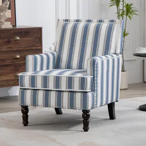 Vintage Upholstered Accent Armchair, Blue and White Striped Linen Fabric with Nailhead Trim, for Living Room