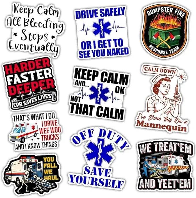 10pcs- Funny EMS EMT Stickers Firse Responder Sticker Emergency Medical Technician Decals Funny Paramedic Gifts Ambulance Decorations for Cars Windows Water Bottle Helmet Laptop Tumbler