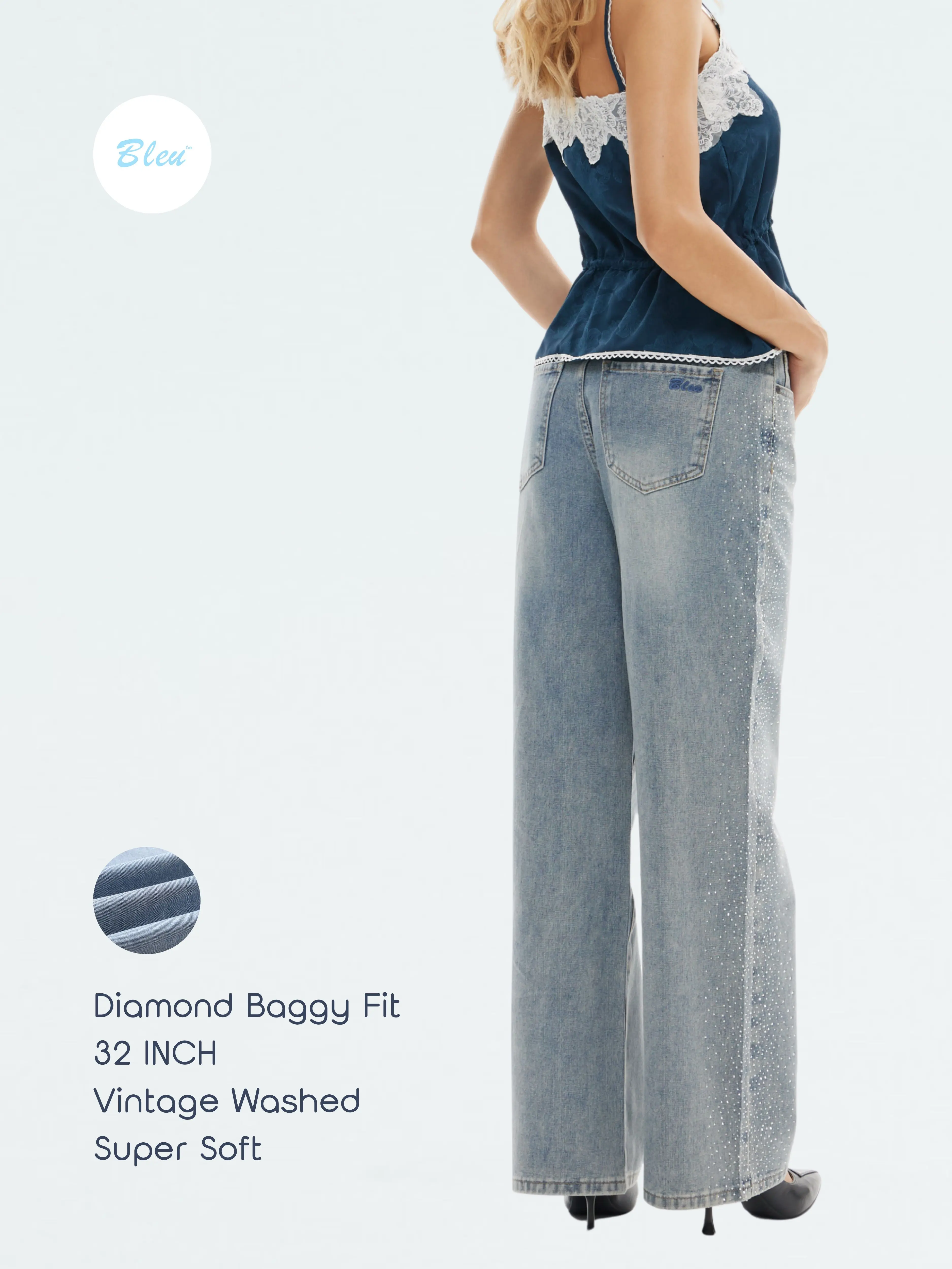 【BTTW004】Women's Diamond Baggy Fit Jeans — High Waisted Wide Leg Rhinestone Jeans, Vintage Washed Light Blue Super Soft Denim Pants with 32" Inseam, Y2K Streetwear