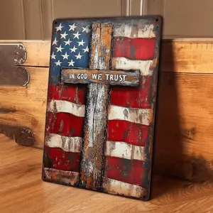 "In God We Trust" Patriotic American Flag & Cross Metal Sign - 8x12in, Vintage Christian Wall Decor for Home, Church, Pre-Drilled Inspirational Faith Gift by summerwins