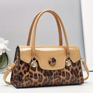 New Leopard Print Patent Leather Women S Shoulder Bag, Multifunctional Tote, Double Handle Bowling Bag, Magnetic Closure, Metal Hardware Decoration, Available in Various Colors, Random Leopard Print Pattern