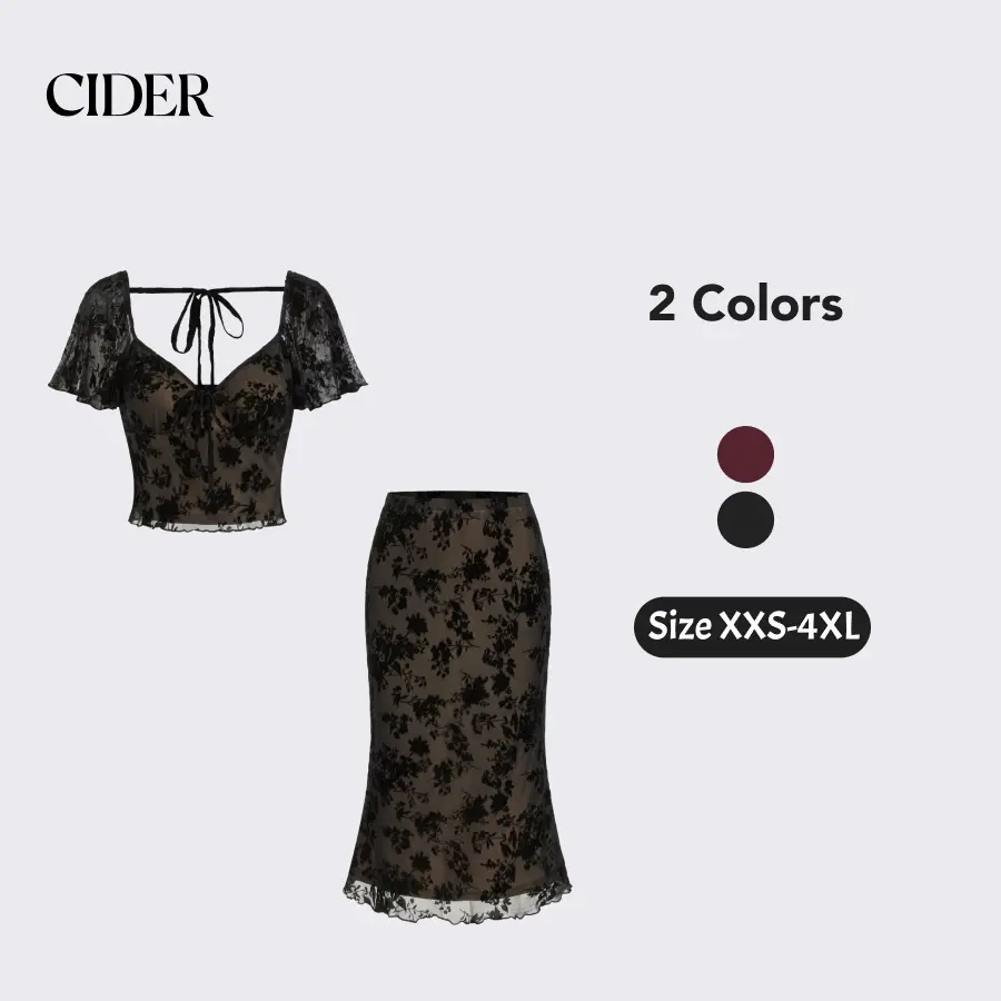 Cider Mesh Sweetheart Floral Lace Ruffled Top & Lettuce Trim Mermaid Maxi Skirt Set SohoChic