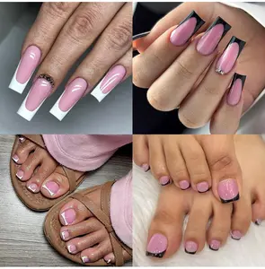 60-piece French pointed nail and fingernail set, black, blue,white, pink glossy nail stickers, medium-length fake toenails, suitable for summer minimalist style fashionable cover false nail