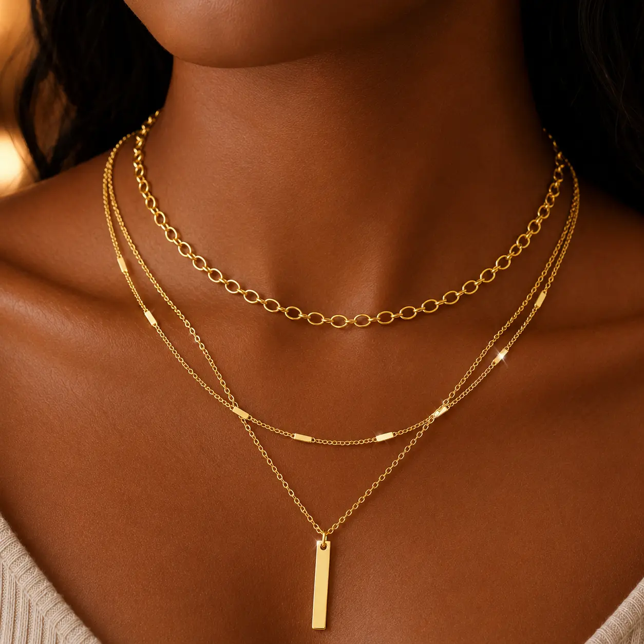 14K Gold Plated Layered Necklace for Women, Stainless Steel Hypoallergenic Triple Chain Necklace Set, Dainty Gold Bar Pendant Choker Necklace, Minimalist Stackable Jewelry Gift for Women