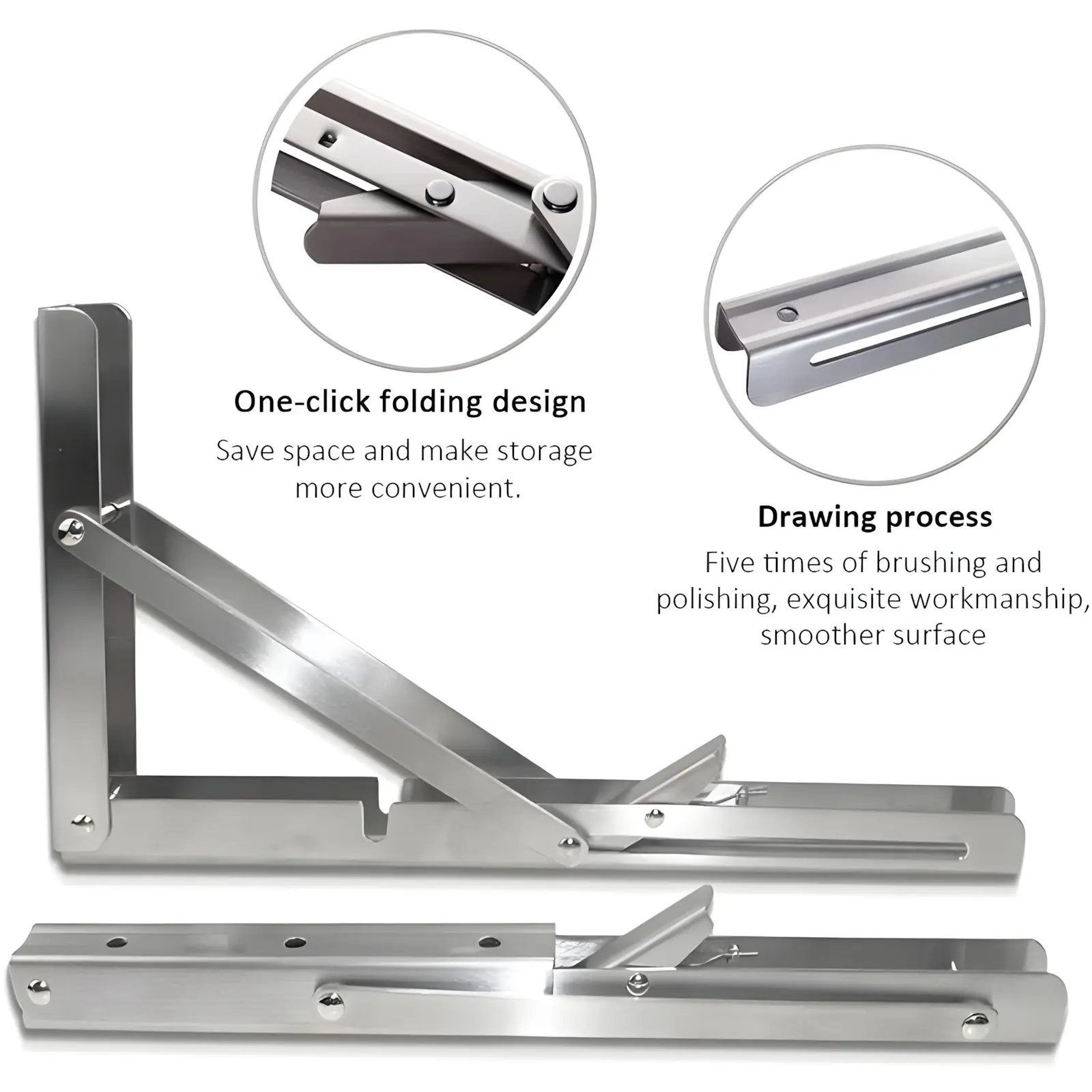 2Pcs Heavy Duty Stainless Steel Folding Shelf Brackets, Collapsible Space Saving Supports with Adjustable Hooks, DIY Mount Hardware for Table Bench, Home and Office Decoration