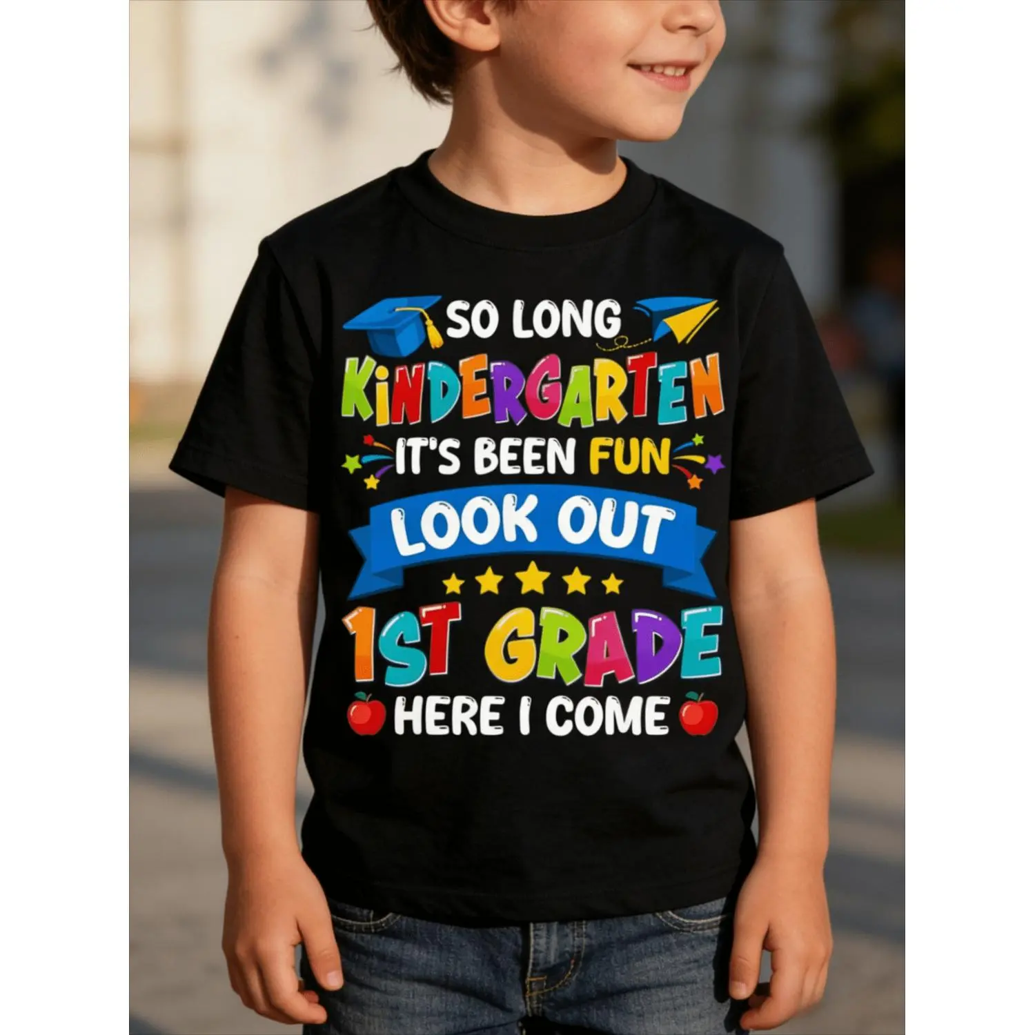 Summer t Shirts Kids 100% Pure Cotton Kindergarten Graduation Shirt - Boys & Girls "So Long Kindergarten Look Out 1st Grade" T-Shirt Suitable for Boys & Girls, Soft Short Sleeve Crew Neck Top for End of School Year Party Gift, Memory Outfit