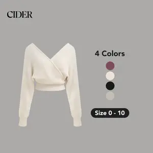 Cider [4 colors, size 0-10] Knit V-neck Solid Wrap Crop Long Sleeve Top SwimWeek