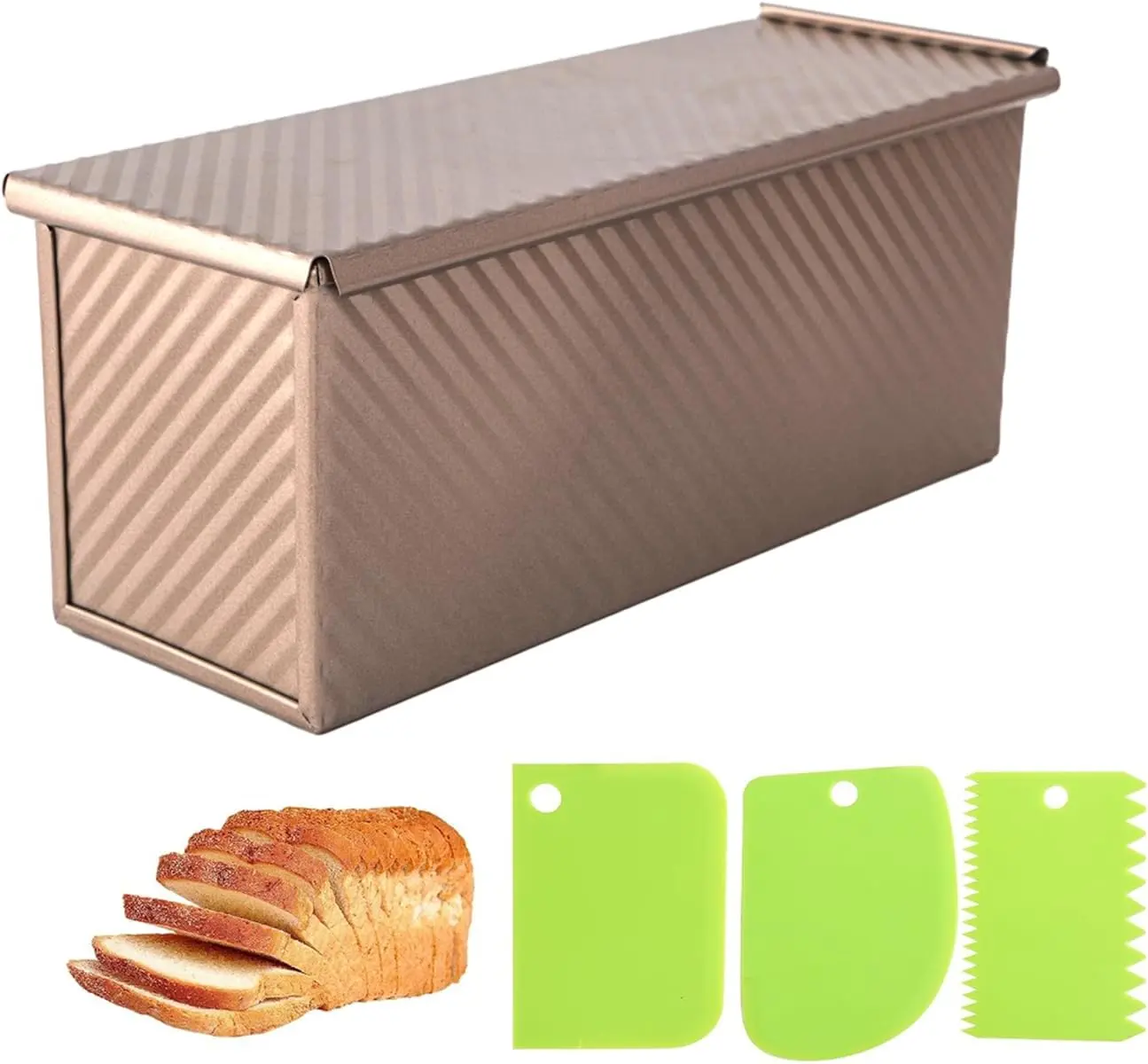 SPMARKT 13×5 Inch Carbon Steel Pullman Loaf Pan with Lid - Non-Stick, Durable Non-Toxic 2.2 lb Baking Tin for Homemade Square Sandwich Loaf, Includes Dough Scraper