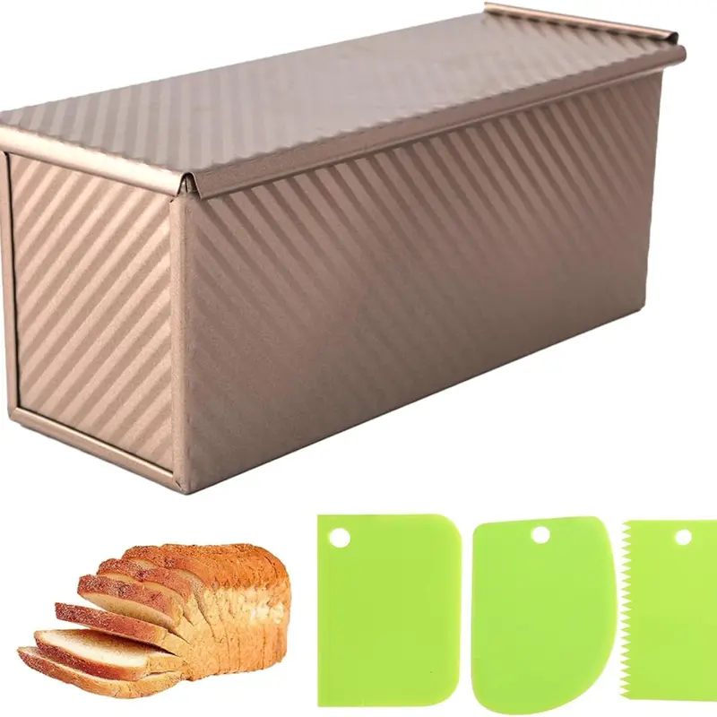 SPMARKT 13×5 Inch Carbon Steel Pullman Loaf Pan with Lid - Non-Stick, Durable, Non-Toxic 2.2 lb Baking Tin, Includes Dough Scraper for Homemade Square Sandwich Loaf Baking
