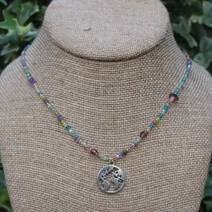 Earth Charm Necklace | Multi-colored seed bead necklace | Planet Globe Necklace | Boho Hippie Necklace | Granola Girl | Earth Day Necklace