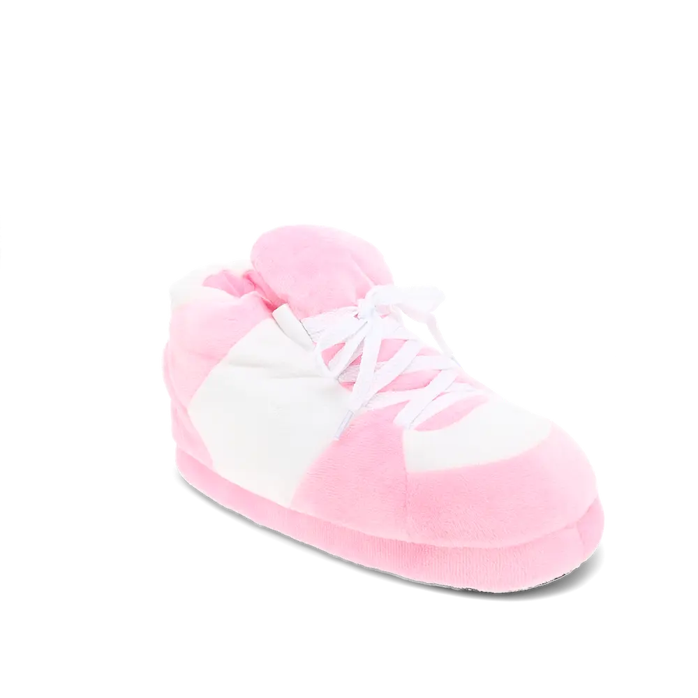 Pink and White Striped Plush Sneaker Slippers for Women and Men - Soft Memory Foam Footbed & Non-Slip Sole - Stylish Casual Footwear for Indoors