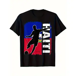 Unisex Haitian Football Team Graphic Top, 2025 Summer Casual Short-Sleeved Crewneck, 220G Pure Knit Fabric, Haiti Flag Design, Fan-Focused Menswear T-Shirt