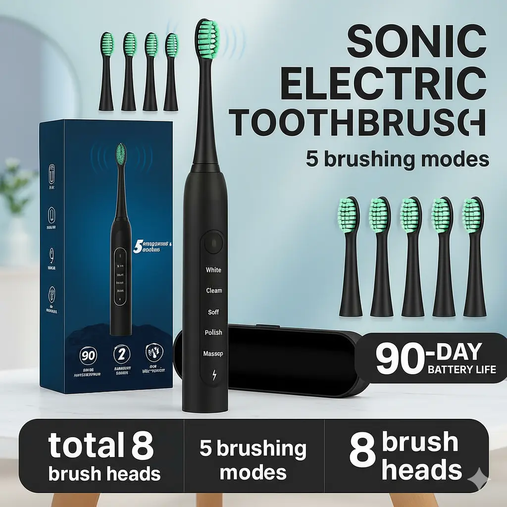 ProClean Sonic Electric Toothbrush (Teeth Cleaner) - 5 Modes, 8 Brush Heads, USB Rechargeable, Cordless, Waterproof, 3.7V, 90 Days Battery Life, IPX7, Sensitive Cleansing, Travel Case, Black, Daily Oral Care, Water Proof