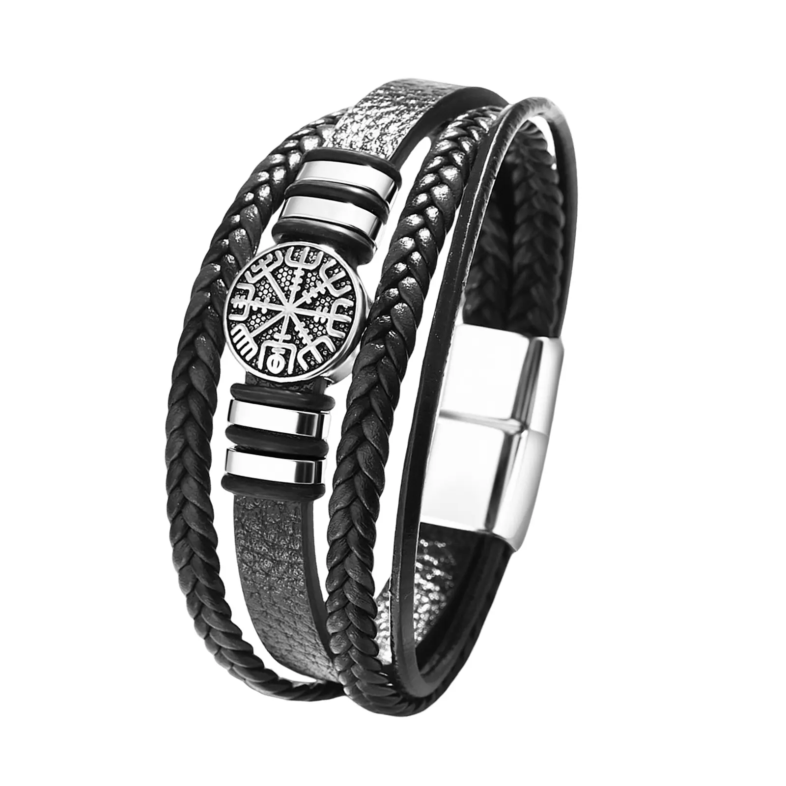 OIDEA Men's Viking Leather Cuff Bracelet - Male Stackable Bracelet with Magnetic Clasp, Viking Rune, Compass Design, Stainless Steel Accents, PU Leather Layered Vintage Norse Costume Jewelry for Him, Stackable Bracelets