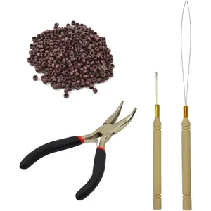 Hair Extensions Tool Kit Black Hair Pliers Pulling Hook Bead Device Tool Kits and 500 count 5 mm  Links Rings Beads (Brown)