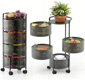 4-Tier Rotating Metal Freestanding Multi-Part Utility Cart with Wheels - Solid Carbon Steel Expandable Fruit & Vegetable Basket Rack, Stackable Wire Bin for Kitchen & Pantry Organization, No Assembly Needed