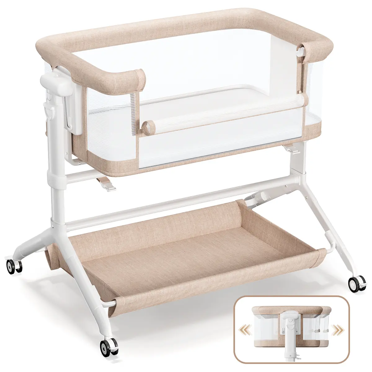 CAVEEN 3 in 1 Bassinets Bedside Sleeper, Baby Bedside Bassinets, Adjustable Height Bedside Sleeper with Rocking Mode, Breathable Full-Mesh and Mattress, Storage Basket, Wheels, Easy Assemble & Folding, Portable Crib Side Bassinet, Light brown, Summervibes
