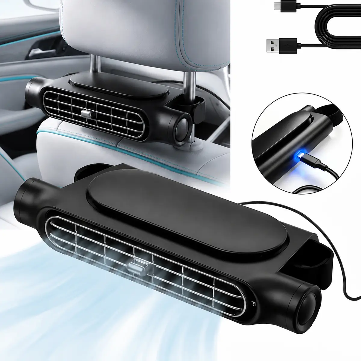 Plug-in Adjustable Car Headrest Fan, USB Dual Turbo HighAirflow Auto Cooling Fan, 5 Speed Adjustable, Easy InstallWith Magic Tape, Universal Fit For Car SUV RV, ABSMaterial Car Interior Accessories