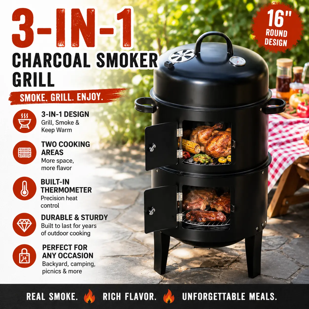 Outsunny Vertical Charcoal BBQ Smoker 3 in 1 16 inch Round Barbecue Grill 2 Tier Portable Meat Smoker Cooker with Thermometer Vents for Outdoor Camping Picnic Backyard Fire Pit Tailgating Heavy Duty Black
