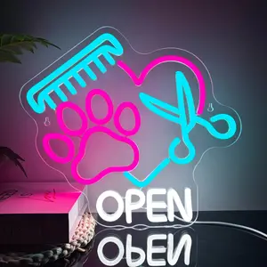 LED Pet Shop Neon Sign — A Fun, Light-Up Wall-Mounted Neon Sign Featuring a Dog Paw and Grooming Tools, Perfect for Decorating Homes, Dog Kennels, Cat Houses, Pet Shops, Pet-themed Parties and Veterinary Clinic Walls