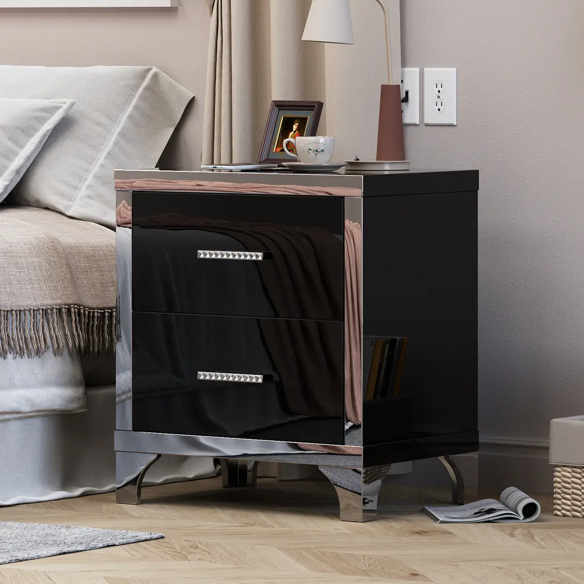 Bedside Table High Gloss Mirrored Nightstand with 2 Drawers,Modern End Table with Drawers,Mirrored High Gloss Wood Nightstand Metal Handle Bedside End Table for Bedroom, Dorm,Living Room,Black