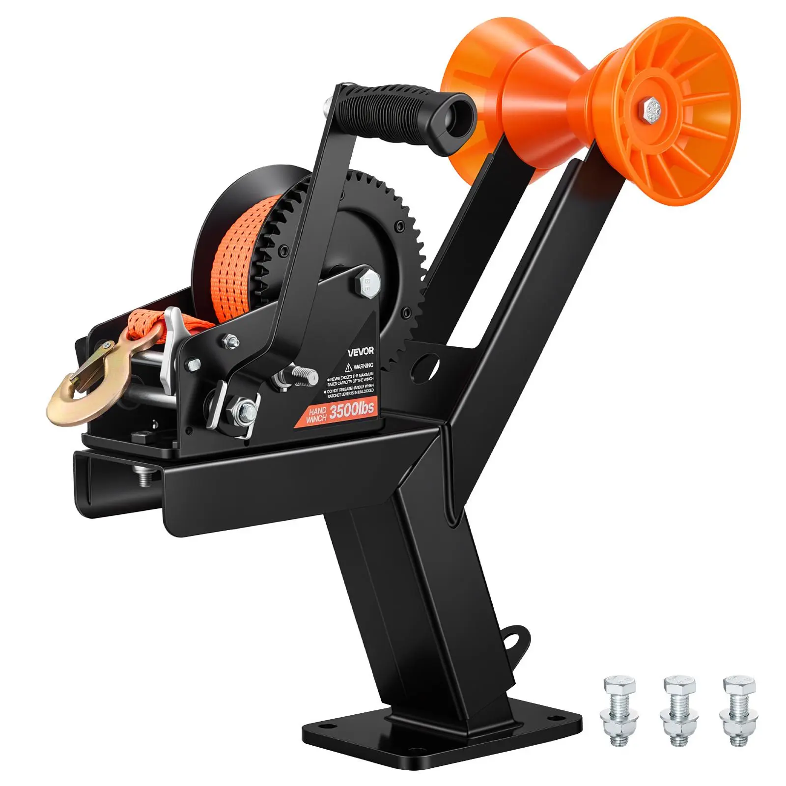 VEVOR Steel Frame 2-Speed Hand Winch Boat Trailer Winch Stand with Roller, 3500 lbs Capacity, 20ft Orange Polyester Strap, 8.8-Grade Bolt Shafts, Mount Kit, Fits 2-3in W x 3-4in H Trailer Tongue, for Personal Watercraft Loading with Less Effort, Bolts, 2-