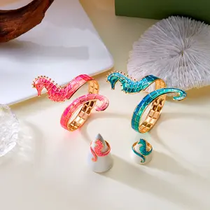 Summer Seahorse Open Bracelet Ring Set For Women Gold Color Blue Pink Dripping Oil Sea Horse Jewelry Girl Beach Party Charm Gift