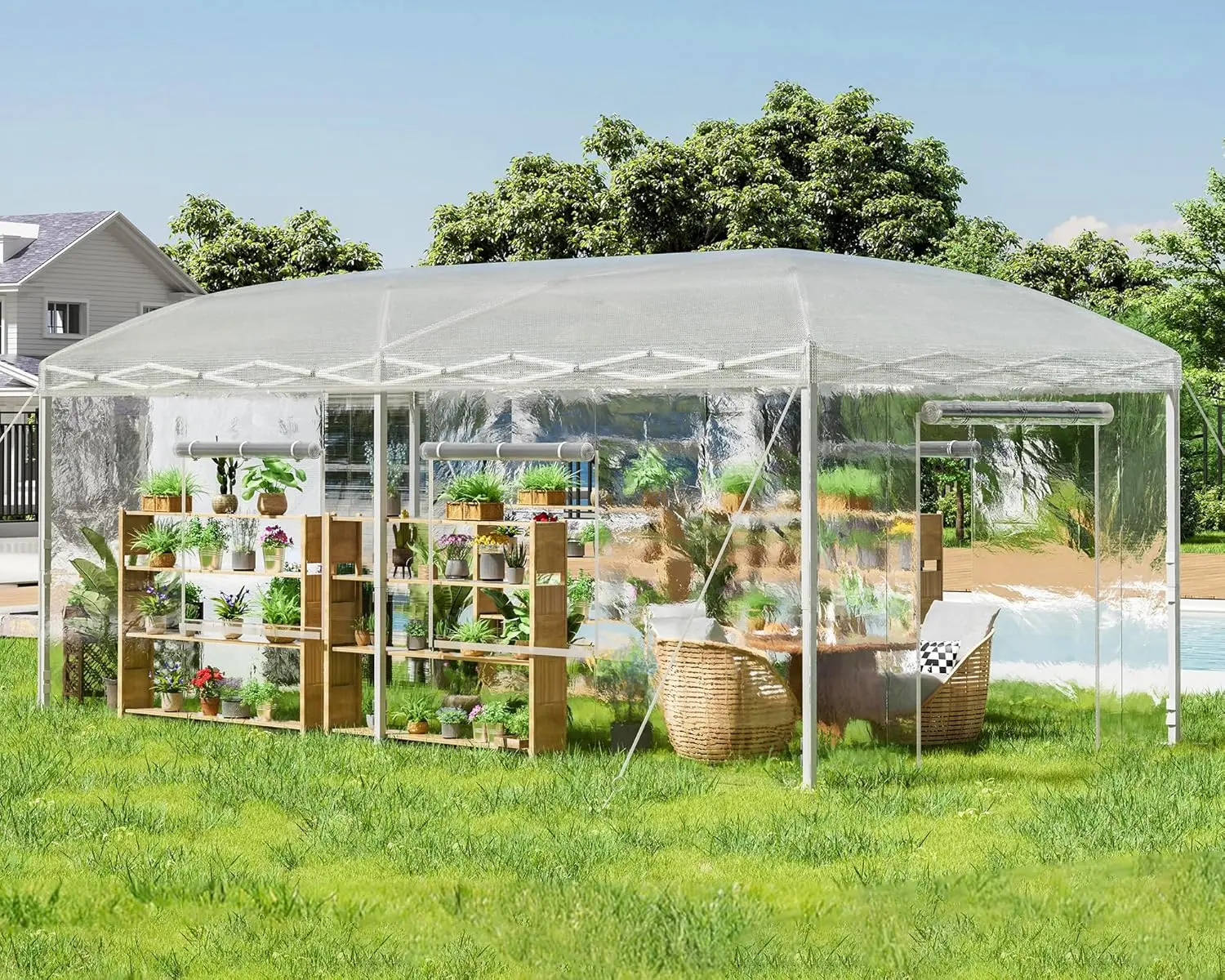 AMERLIFE Rectangle Pop-up Greenhouse - Outdoor Lightweight Metal Steel Adjustable Reinforced Frame, Portable Walk-in Greenhouse with 2 Roll-up Zipper Doors, 2 Ventilated Windows, 180g UV Protection Fabric Cover, White, Assembly Required