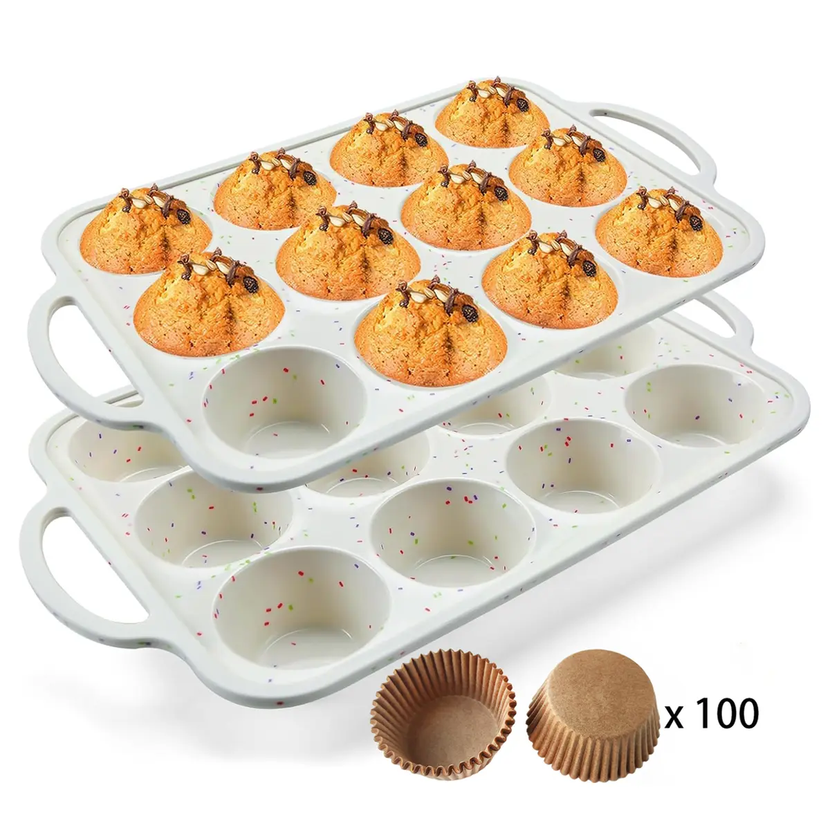 Sebastian CADIA Non-Stick Carbon Steel Muffin Tray - 102-Piece Batch Pan, Wide Handles, Oven Safe, 100 Paper Cups Included, Confetti Print Baking Tin for Home Parties, 102Pc