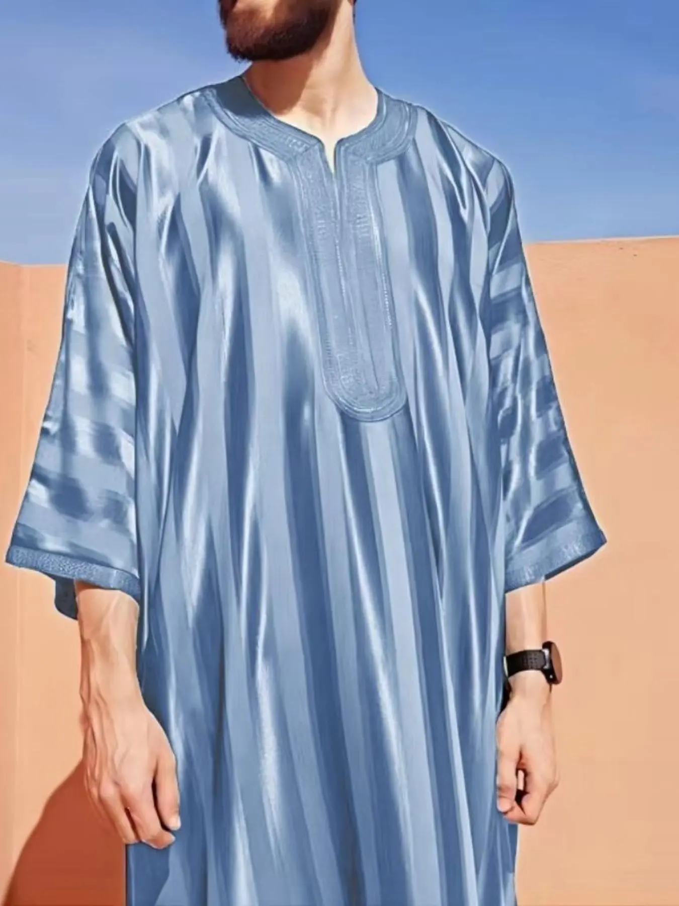 New Trendy Loose Fit Muslim Men's Traditional Arabic Robe, Thobe, Islamic Robe, Middle Eastern Casual Embroidered Long Robe, Comfortable and Stylish Clothing, Clothes