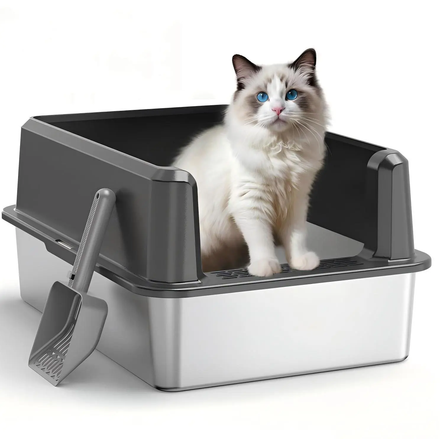 Petwhole High-Sided Stainless Steel Cat Litter Box (Grey) - Thick & Durable Construction, Extra-Large Space Fits Cats of All Sizes, Built-In Litter Tracking Grille, Anti-Splash Wall, Easy to Clean, Odor-Resistant Design, Includes Cat Litter Scoop