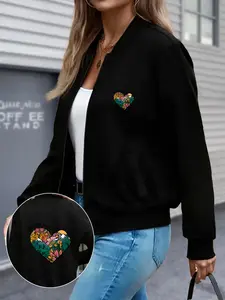 Y2K Style Women's Jacket, Cute Heart Print, Zipper Design, Slim Fit, Polyester Material, All Season Casual Outerwear