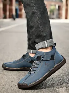 High Quality Hand Stitched Men High Top Casual Athletic Sports Shoes, Hand Wrapped Edge Buckle Strap Soft Non-Slip Comfort Daily Commute Outdoor Walking Shoes