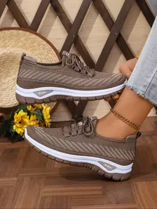 Women's Plus Size Casual Sneakers, Knitted Running Shoes, Lightweight Comfortable Travel Running Shoes, Low Top Anti-Slip Lace-Up Sports Shoes for Outdoor Activities