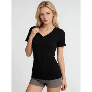 Black American-style sexy short-sleeve T-shirt for women, 2026 new spring and autumn collection, women's V-neck, regular shoulder, slim-fit top