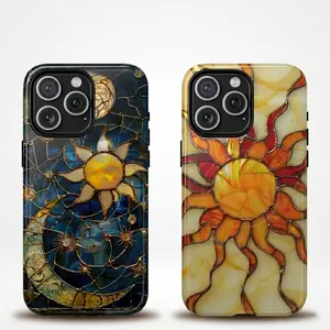 BojjiCo Stained Glass Effect Safety-Enhanced Wireless-Charging Compatible Casing - Shock Resistance for Smart Devices, Boho Celestial Aesthetic Sun & Moon Pattern, Retro Art Design for iPhone 17/16/15/14/13/12 Pro Max, Galaxy S24