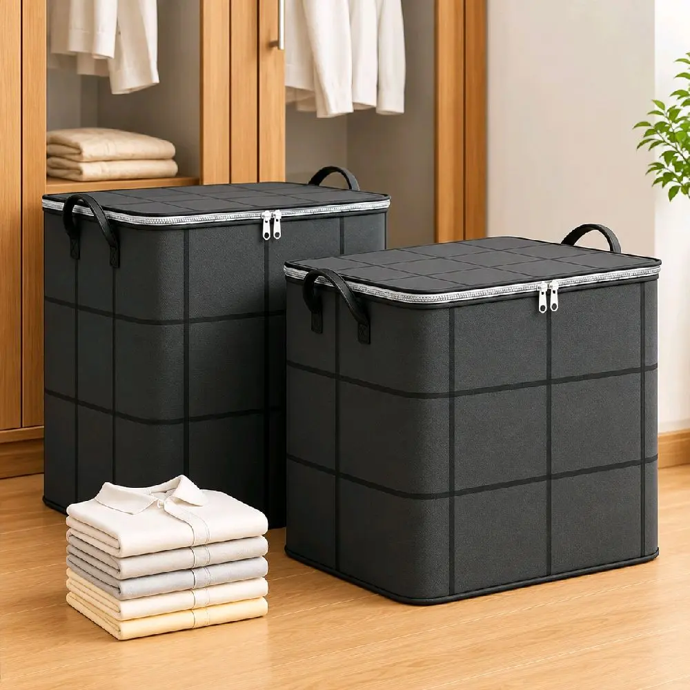 2 Pack Large Clothes Storage Bags with Handles, Foldable Closet Organizer Bins, Heavy Duty Double Zipper Blanket & Comforter Storage Boxes for Clothes, Bedding, Moving, Under Bed & Wardrobe Organization