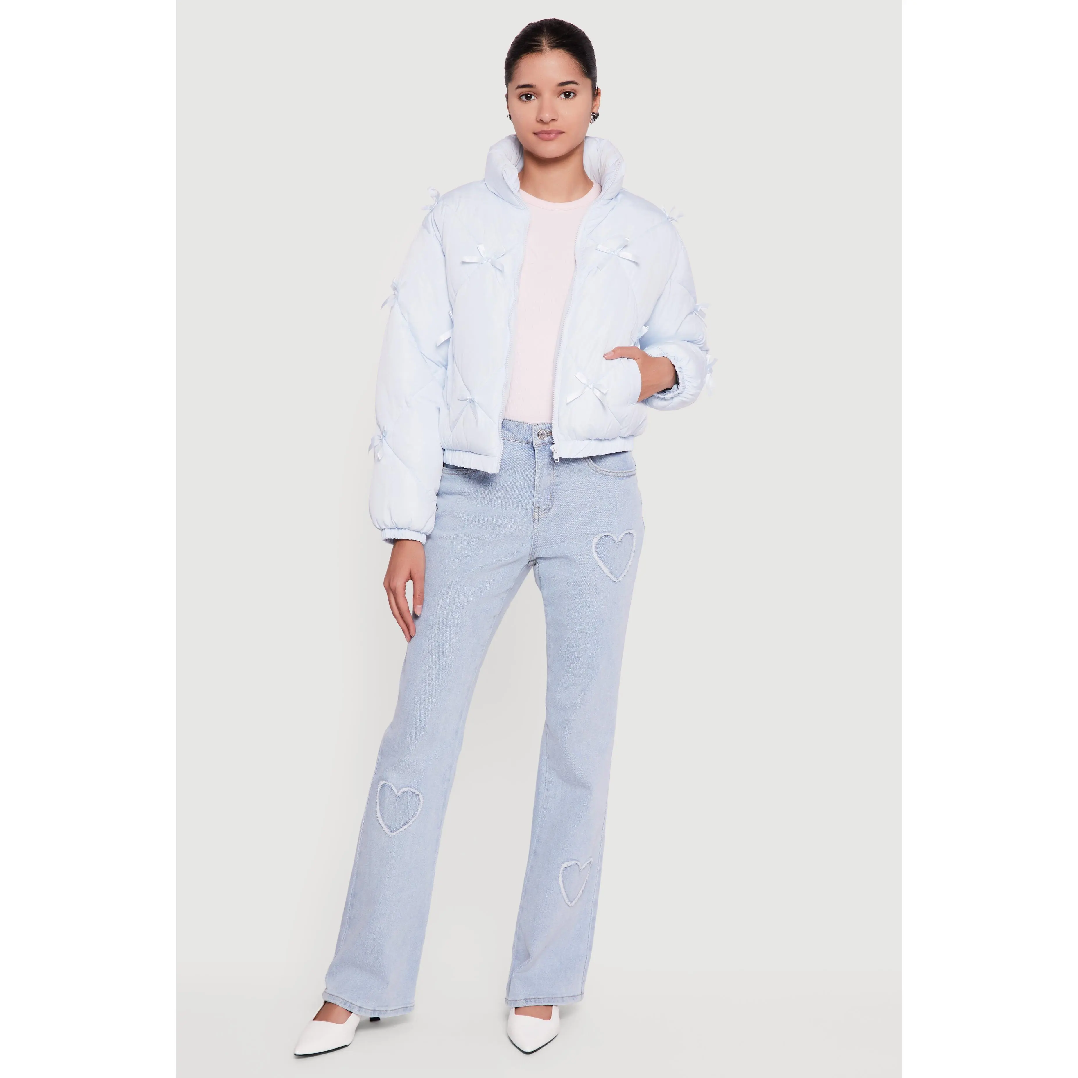 Almost Famous Bow Detail Zip Front Puffer Jacket